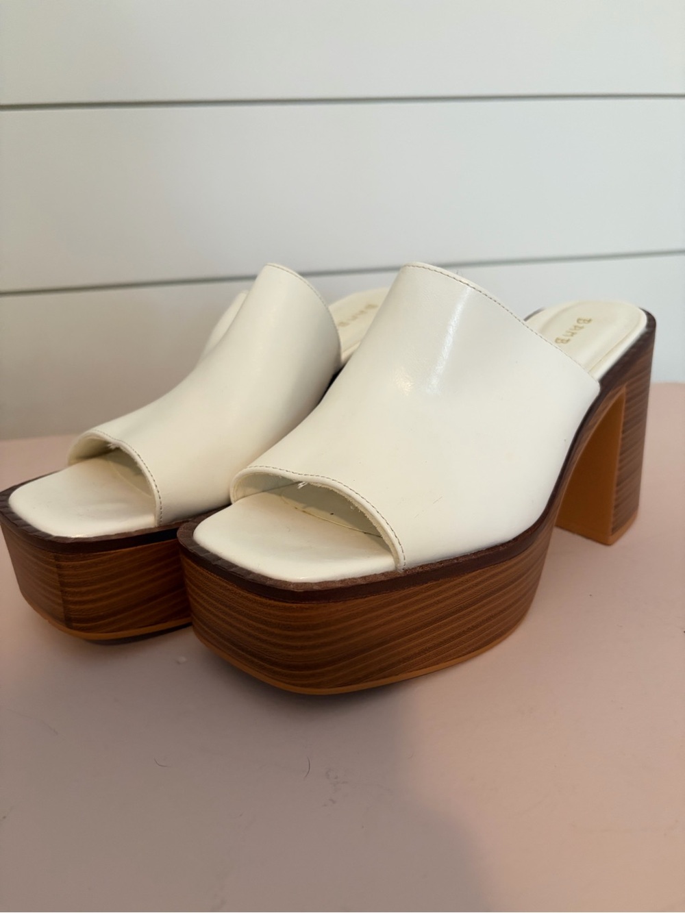 BAMBOO White Platform Slide Mules with Wood-Effect Block Heel